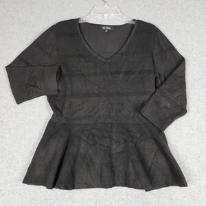 Chloe + Jasmine Peplum Top Womens Large Black Textured Knit Long Sleeve V-Neck